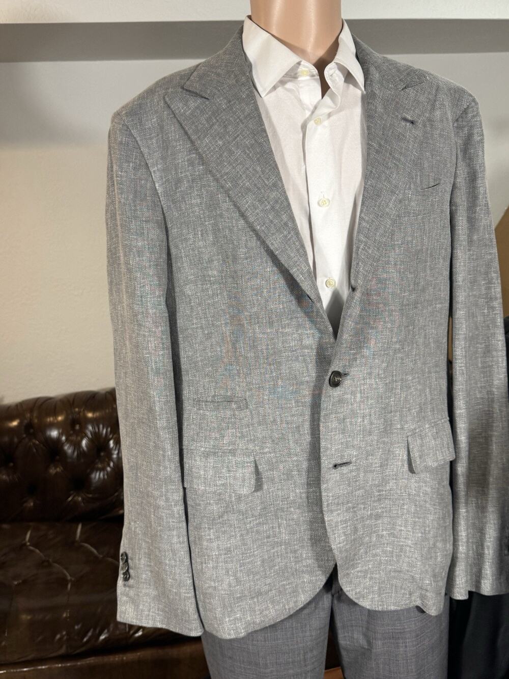 Brunello Cucinelli Gray Linen Silk Peak Lapel Deconstructed Blazer 56 IT 46R US